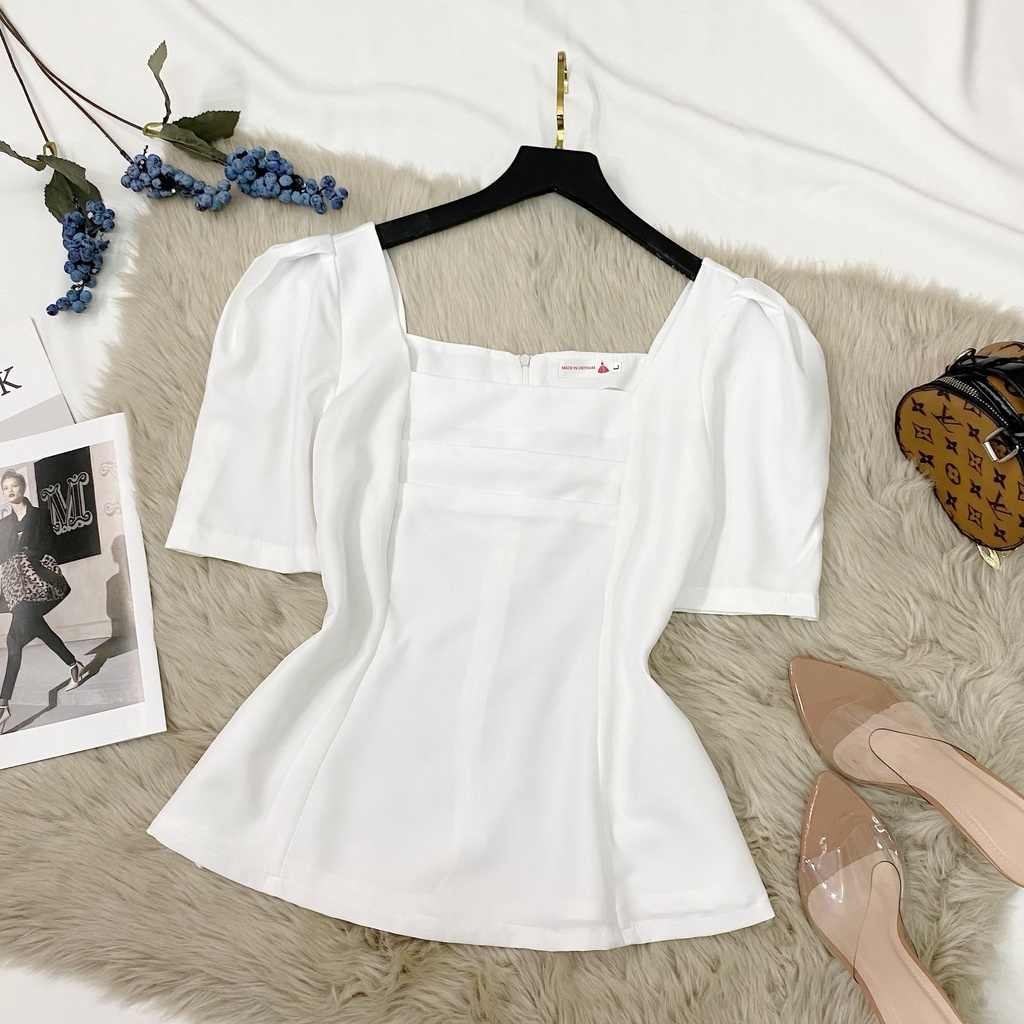 Áo Bigsize Nữ  Áo Kiểu Peplum Cổ Vuông Xếp Ly Ngực Tay Ngắn Chất Cotton Mềm Mịn Đi Chơi Đi Làm Sang 