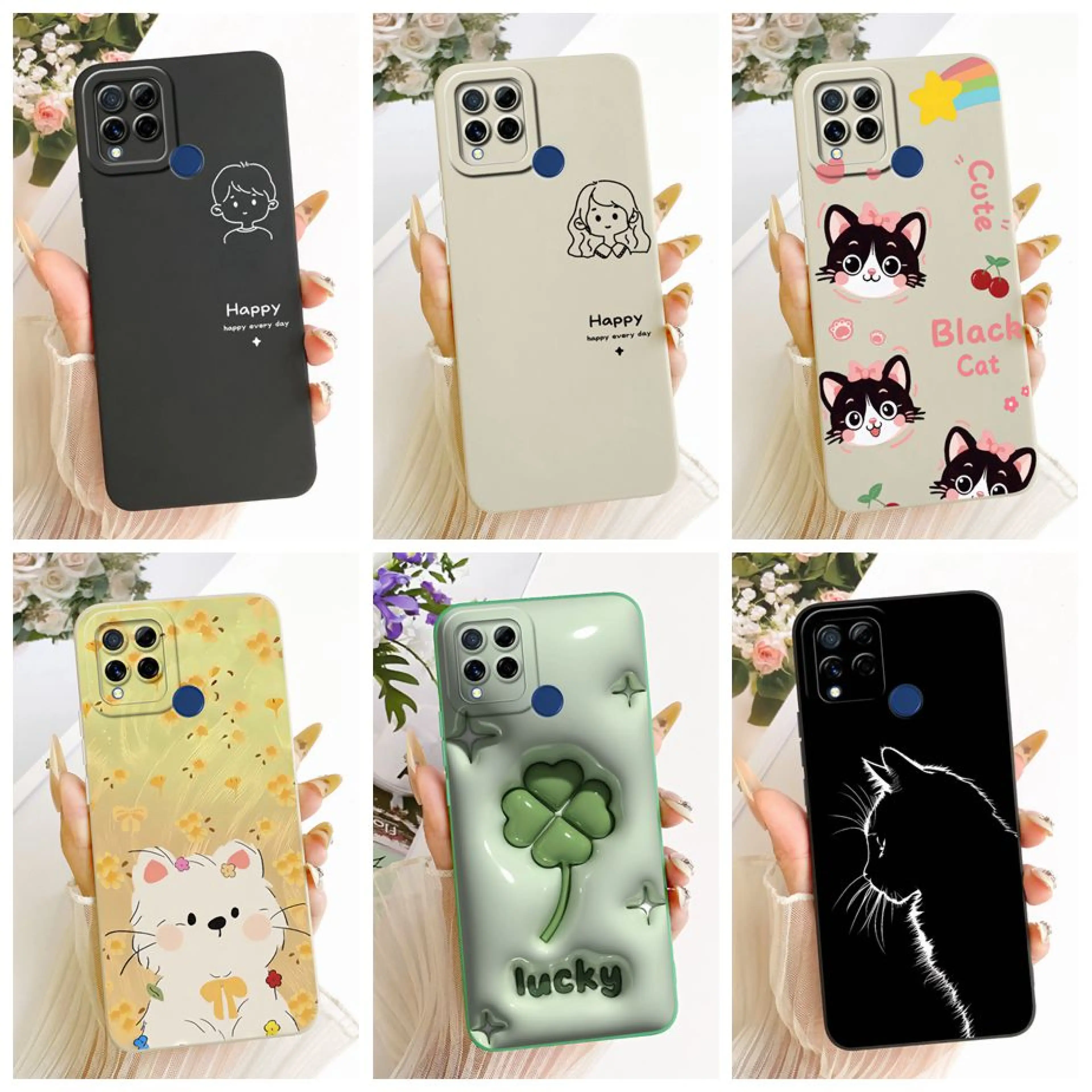 For Realme C15 Case RMX2180 Cute Couple Cartoon Painted Cover Shockproof Phone Case For Realme C12 C17 RealmeC15 RealmeC17 Shell