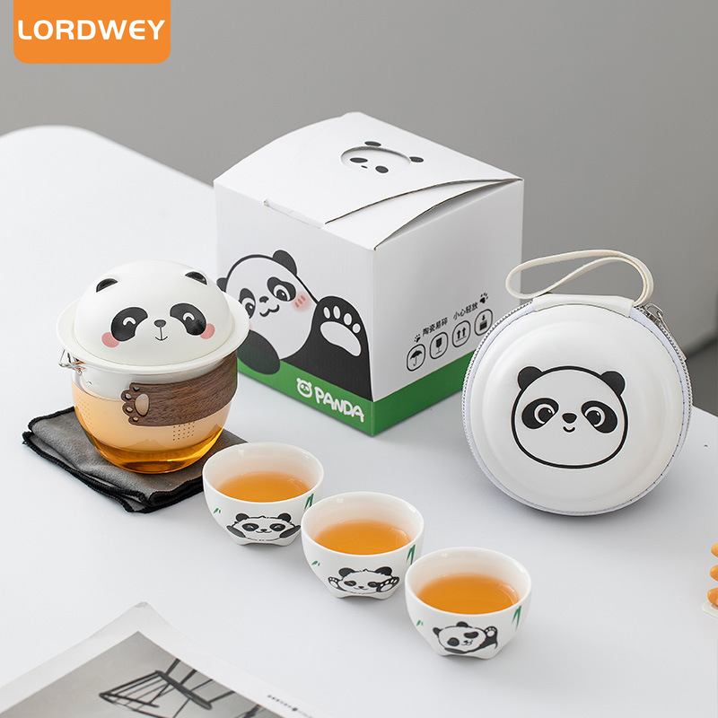 LORDWEY Panda Kuaike Cup Portable Travel Tea Set One Pot Three Cups Outdoor Travel Kung Fu Tea Pot Drinking Tea with Hand Gift ราคา 740 บาท*ส่งฟรี