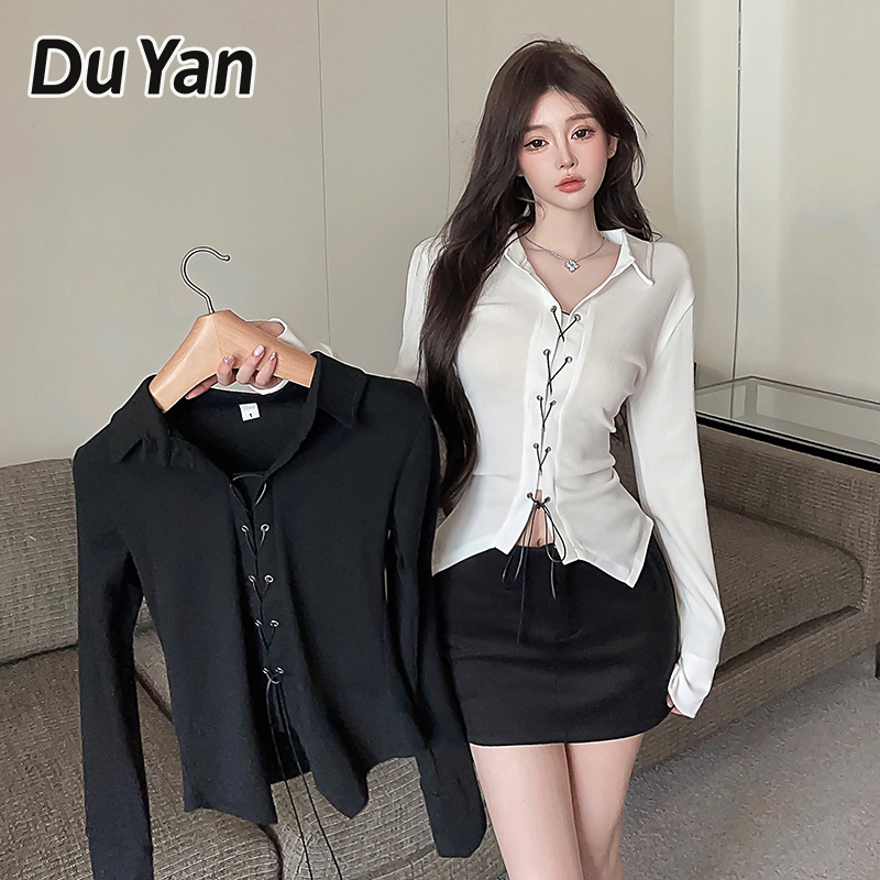Du YAN Áo phông ngắn Strappy áo dáng ôm cổ áo polo Áo Tay Dài