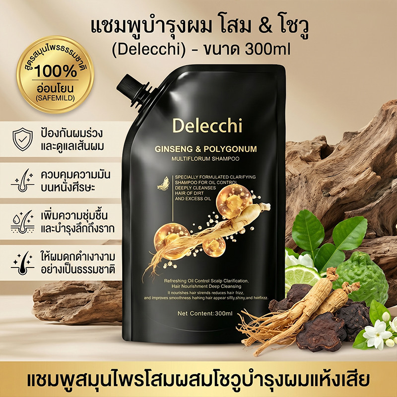 รูปสินค้า Delecchi เคราตินแชมพูสระผมสมุนไพร สารสกัดรากโสม สูตรโบราณดั้งเดิม ขนาด ลดผมร่วง เร่งผมยาว300ml