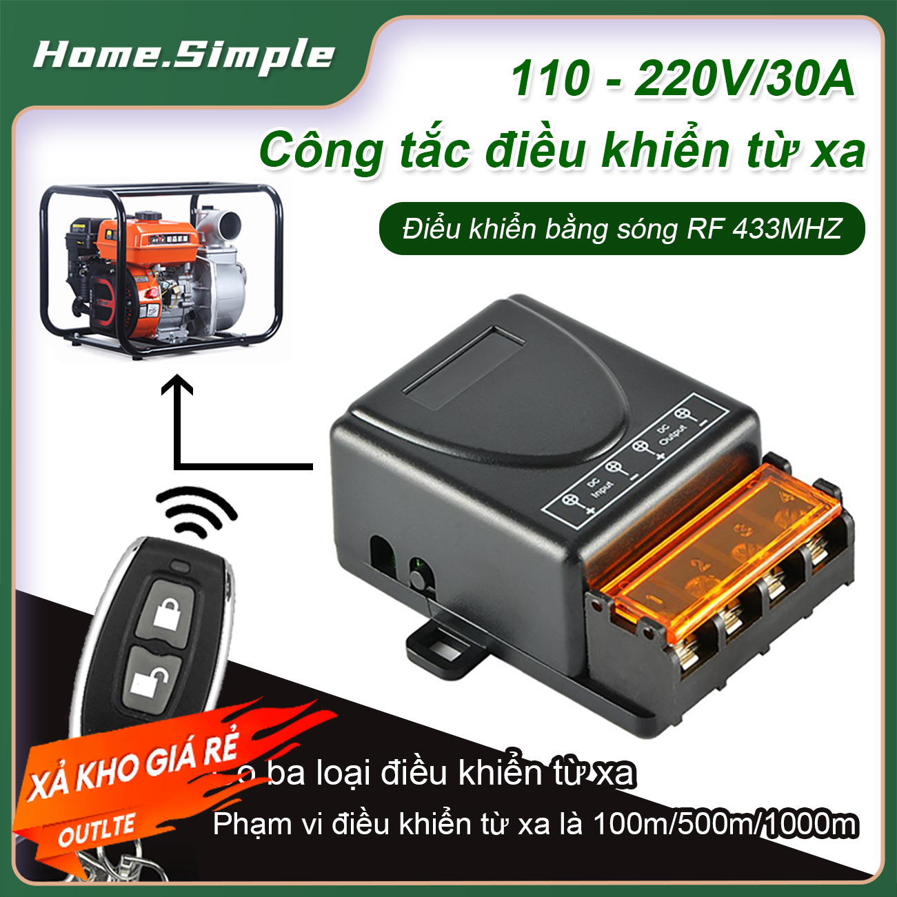Bộ công tắc điều khiển từ xa không dây công suất lớn 220V 30A ông tắc điều khiển từ xa không dây bộ điều khiển từ xa bật tắt máy bơm nước khoảng cách 100 500 1000mét xuyên tường bật tắt máy bơm