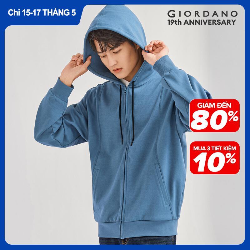 Áo nỉ nam mũ trùm đầu khóa kéo áo Hoodie chất vải Interlock form rộng trẻ trung Giordano Free Shipping 01072089