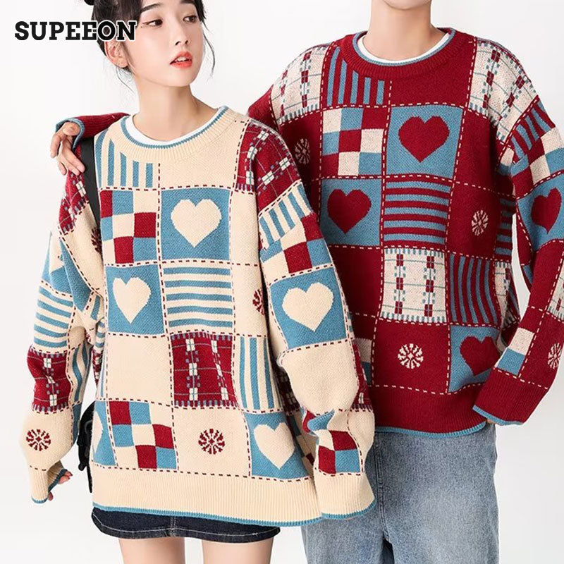 SUPEEON Men s American vintage plaid sweater design couple knit top