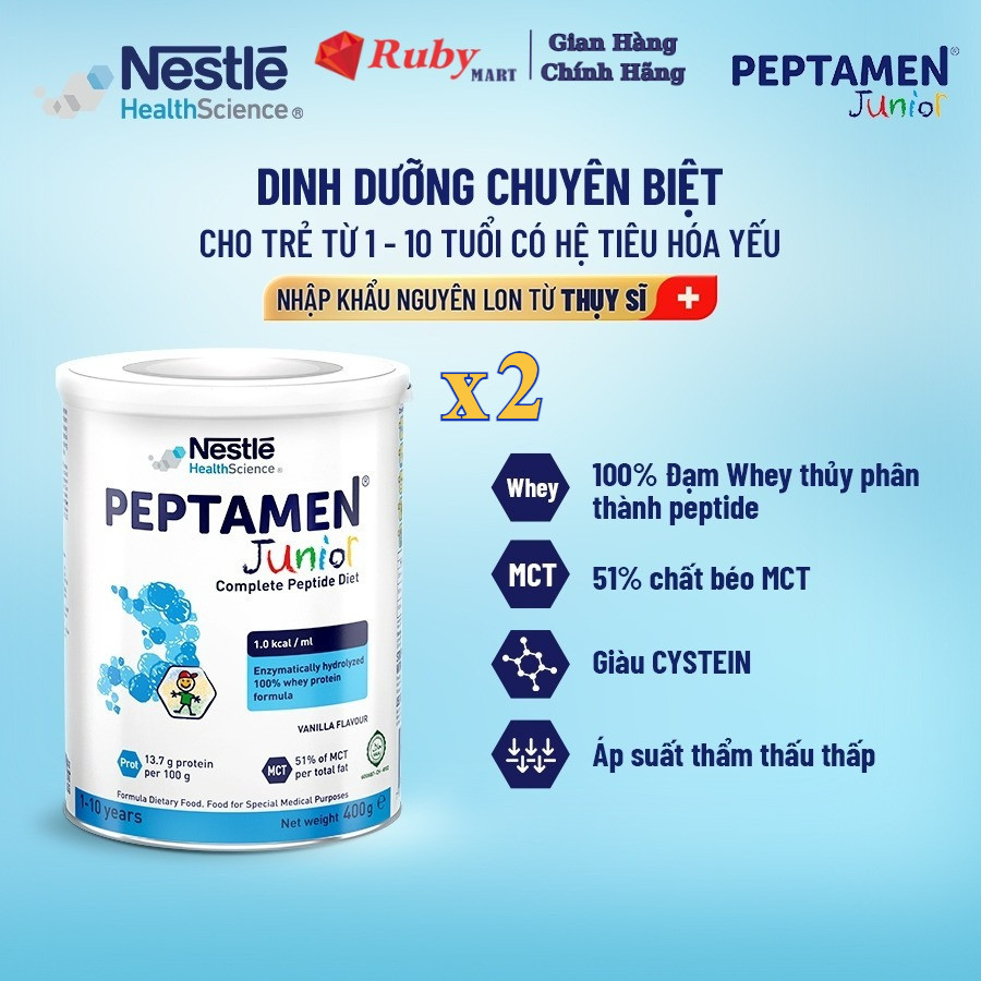 Combo of 2 Cans of Nestlé Peptamenjunior Swiss Milk Powder Supports Poor Absorption, Reduces Digestive Function 400g