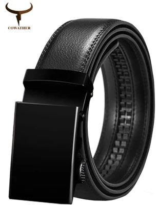 COWATHER Men Ratchet Leather Casual Belts, Cow Leather Dress Belt for Men with Automatic Slide Buckle - Adjustable Trim to Fit