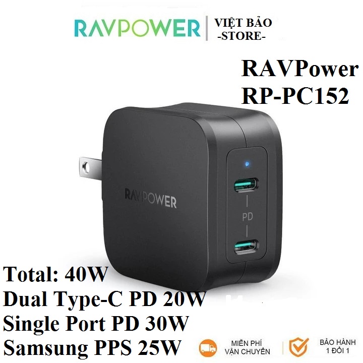 Củ Sạc Nhanh 40W RAVPower RP-PC152, dual Type-C PD 20W, PPS max 25w a