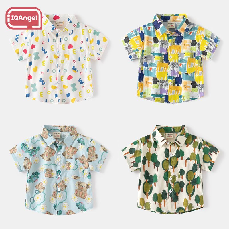 IQANGEL Children's Shirt Boy's Short-Sleeved Shirt Forest Pattern Short-Sleeved Shirt 100% Cotton ราคา 156 บาท*ส่งฟรี