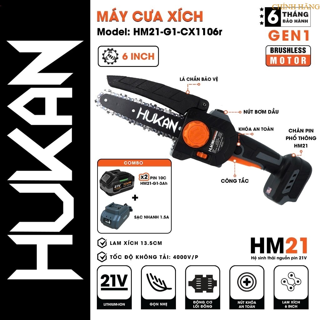 Máy cưa xích pin HUKAN HM21-G1-CX1106r, Chiều dài lam 6 inch, Động cơ Không Chổi Than himoki chính h