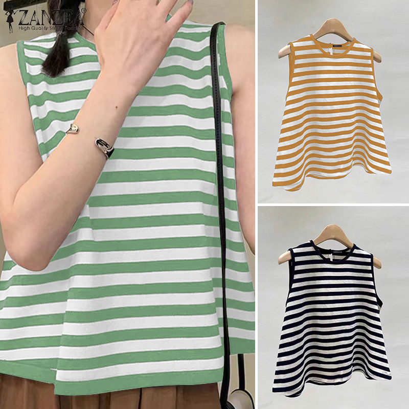 Clearance Sale Esolo ZANZEA Korean Style Women Stripe Sleeveless Camisoles Crew Neck Loose Summer Casual Tank #10 ราคา 215 บาท*ส่งฟรี