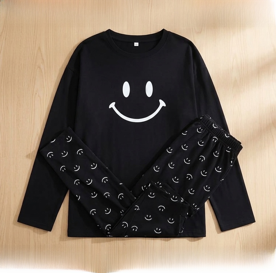 Cute Black Smile Full Sleeves Cotton Jersey Pajama Set for Women & Girls – Soft T-Shirt & Trouser Nightwear Summer Sleepwear Loungewear Printed Lounge Wear for Home, Sleep & Casual Use – Soft Breathable Fabric – Round Neck Tee with Matching Trousers