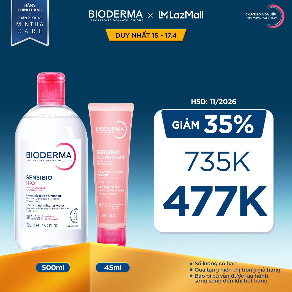Bộ nước tẩy trang và làm sạch micellar cho da nhạy cảm Bioderma Sensibo H2O 500ml và gel rửa mặt tạo bọt 45ml
