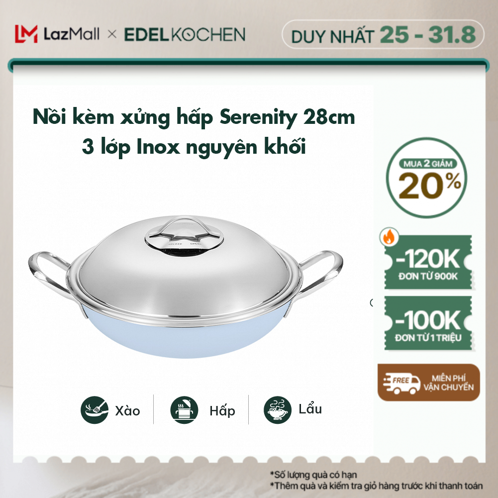 Nồi inox kèm xửng hấp 3 lớp nguyên khối Edelkochen Serenity Collection size 28cm – Màu Edel Blue