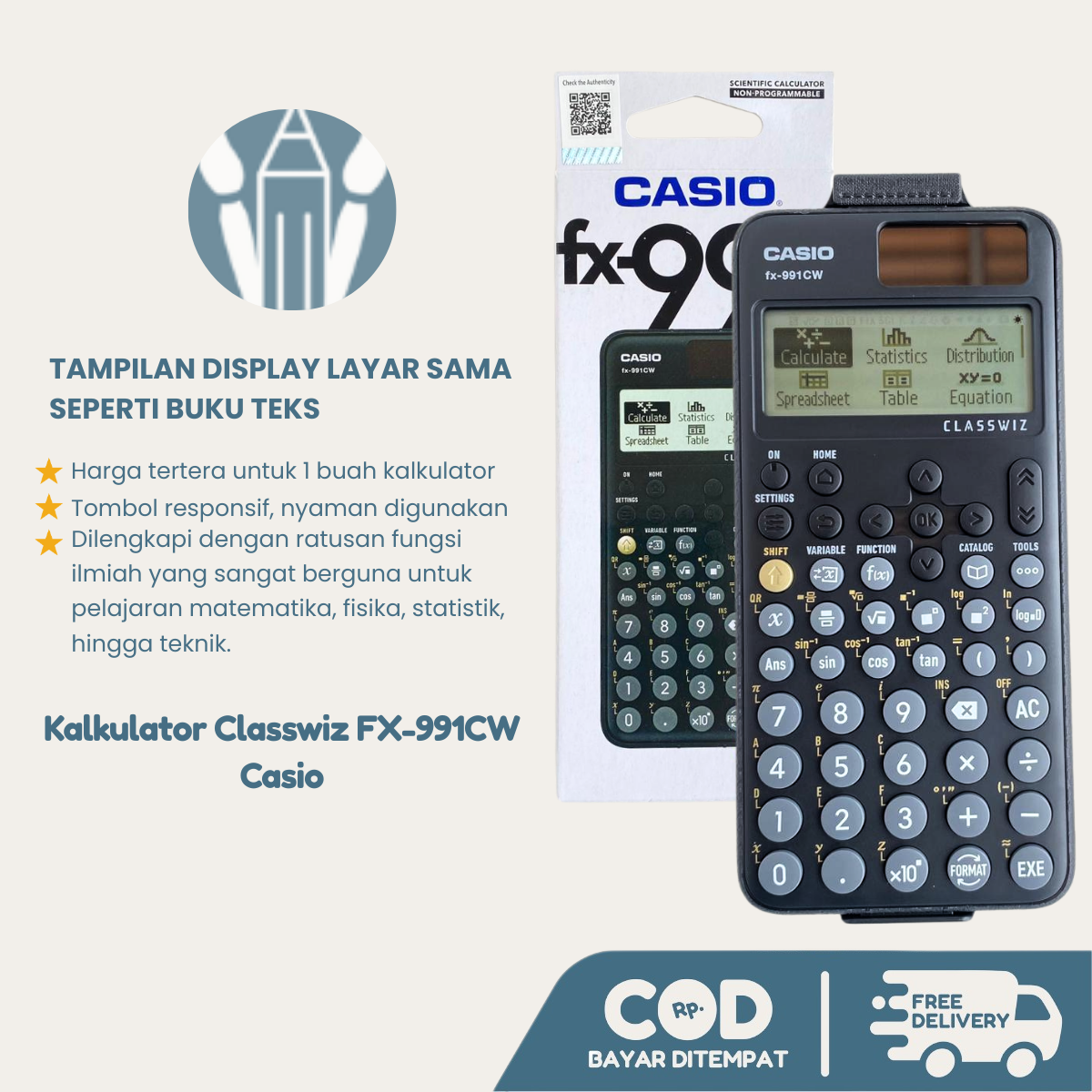 Calculator Scientific Casio FX-991CW PLUS - Kalkulator Ilmiah untuk Sekolah & Kuliah