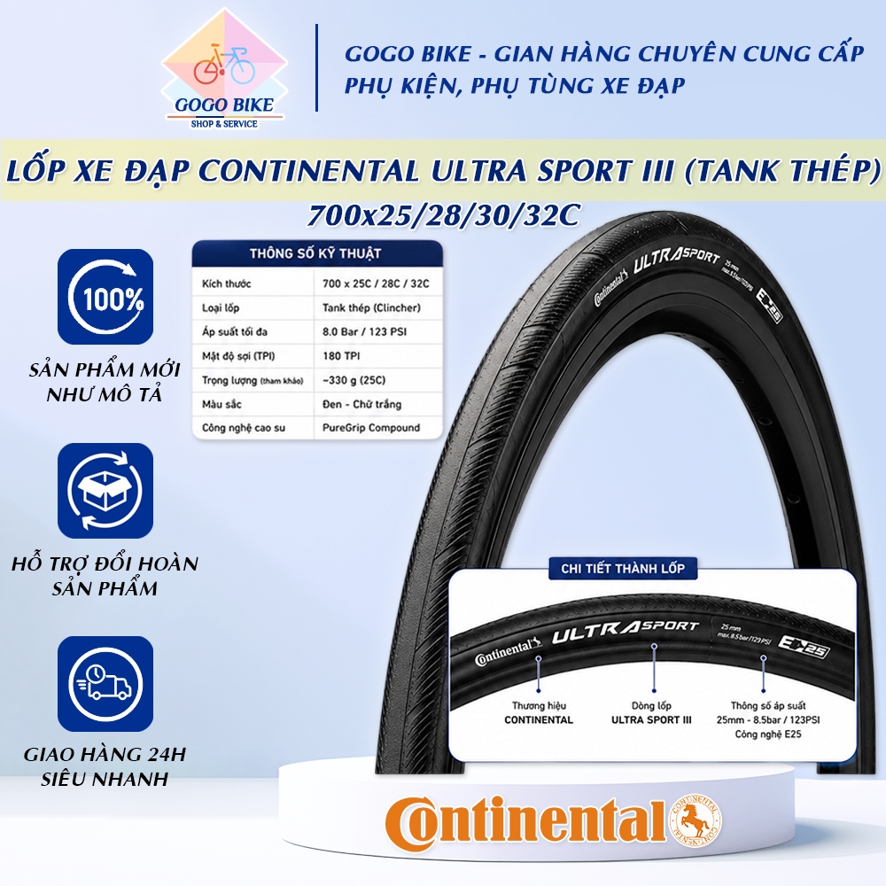 [GoGo Bike] Lốp (Vỏ) gấp xe đạp Continental Ultra Sport III 700x25/28/32C (Tank Thép, Không Gấp)