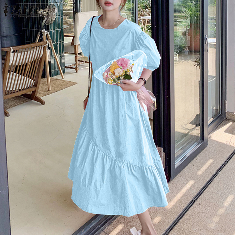 Celmia ZANZEA mùa hè phong cách Hàn Quốc cho nữ thường O cổ sundress ống tay phồng xù váy chữ A #0826