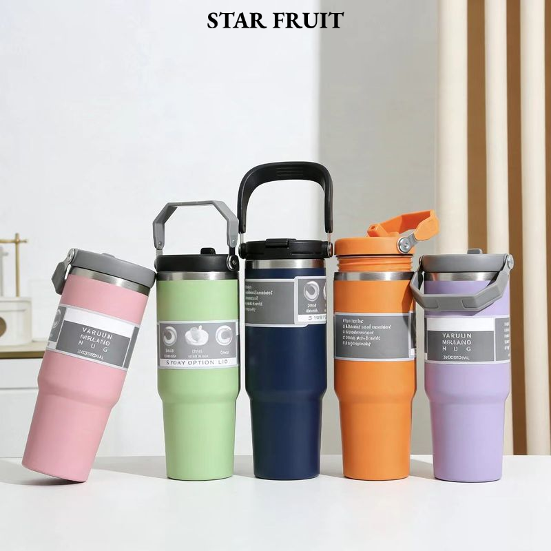 STAR FRUIT⭐ 304 Stainless Steel Vacuum Insulated Travel Mug with Handle and Leak-Proof Lid for Car, Office, Outdoor Use ราคา 105 บาท*ส่งฟรี