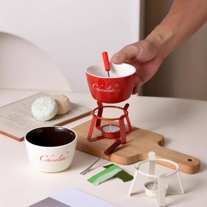 Fondue chậu thiết lập với Ngã Ba, gốm tealight nóng chảy chậu cho pho mát cá nhân gốm Bơ Ủ chậu món khai vị