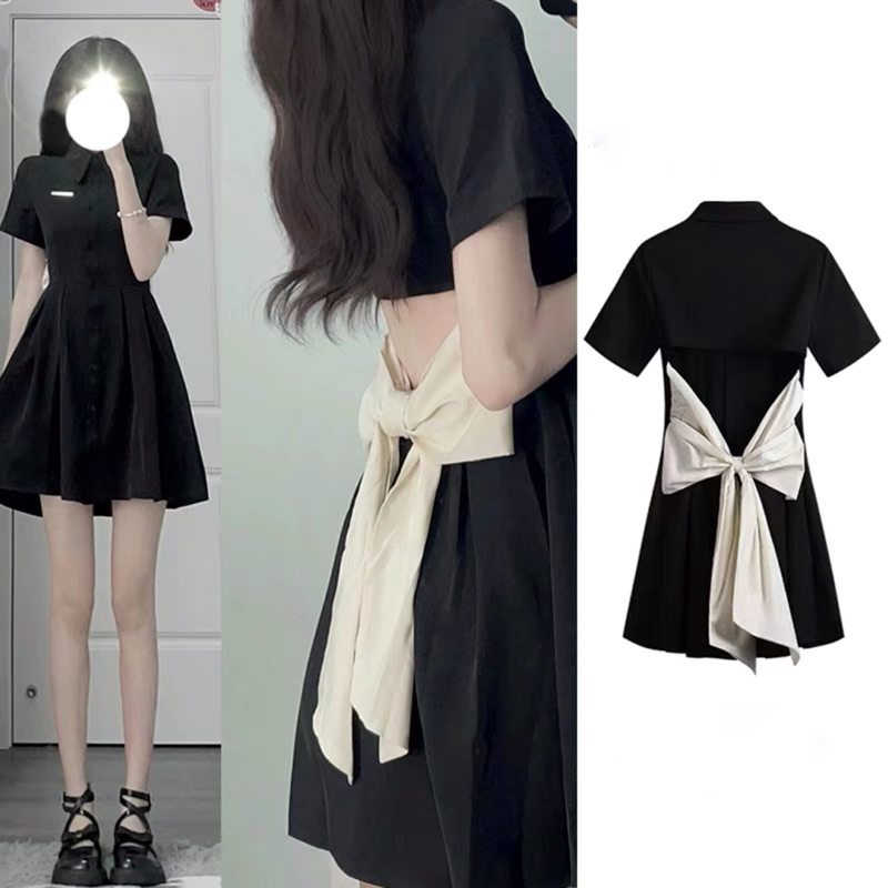  đầm baby doll cổ sơ mi cài cúc hở lưng cột nơ sau xinh xắn 