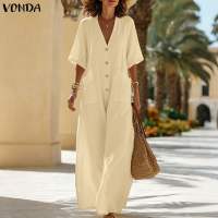 VONDA Women Streetwear Casual V-Neck Button Pockets Jumpsuits Holiday Half Sleeve Wide Leg Overalls #0525