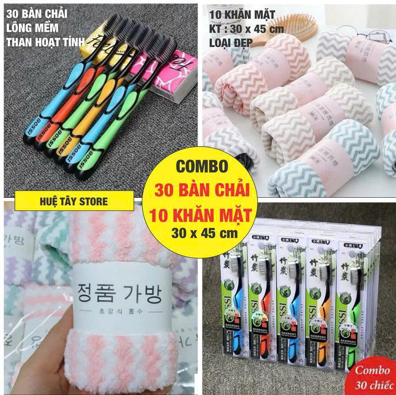 COMBO 30 Bàn Chải Đánh Răng + 10 Khăn Mặt Sóng Hàn Quốc