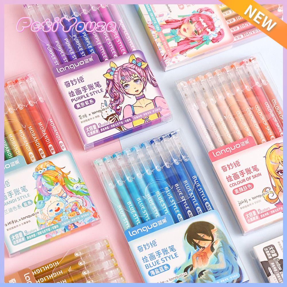 PETIYOUZA 9PCS Morandi Bộ bút màu xám Công suất cao Nhiều màu Bút mực gel Dễ thương Sổ tay Bút đánh dấu