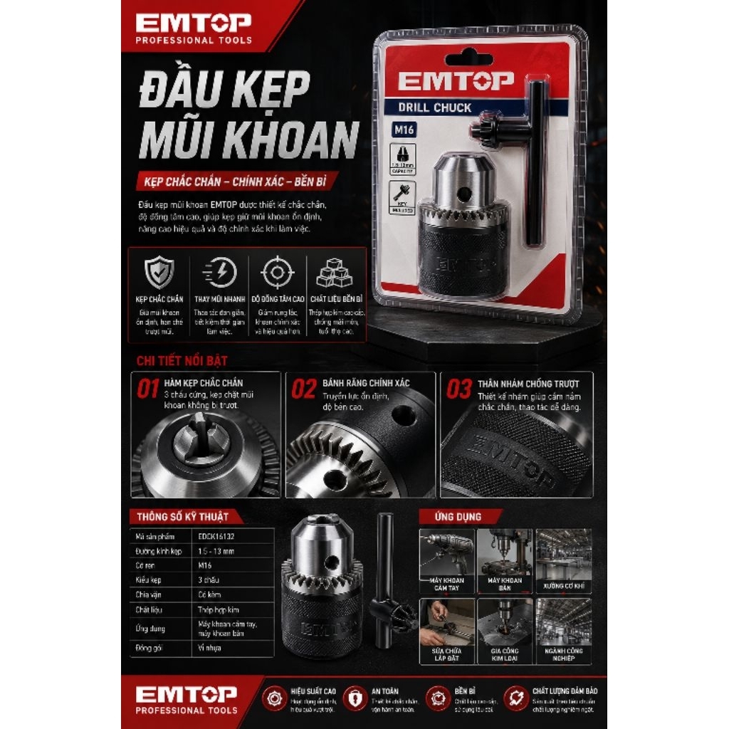 ĐẦU KẸP MŨI KHOAN EMTOP 10-13-16mm