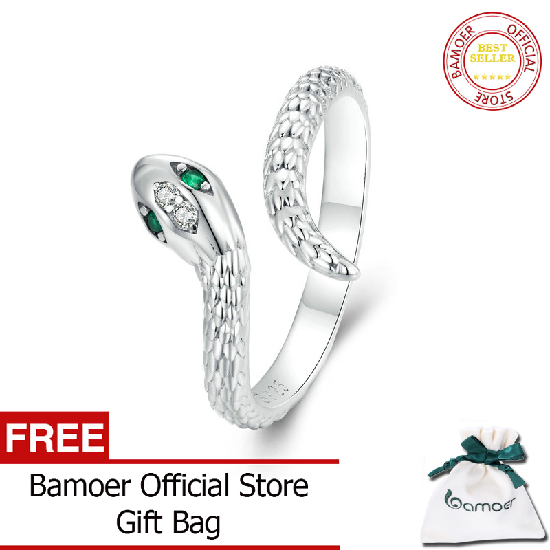 Bamoer 925 Sterling bạc có thể điều chỉnh nhẫn hình rắn mạ bạch kim Zircon xanh lá retro kết cấu nhẫn hình rắn trang sức thời trang Nhẫn scr980