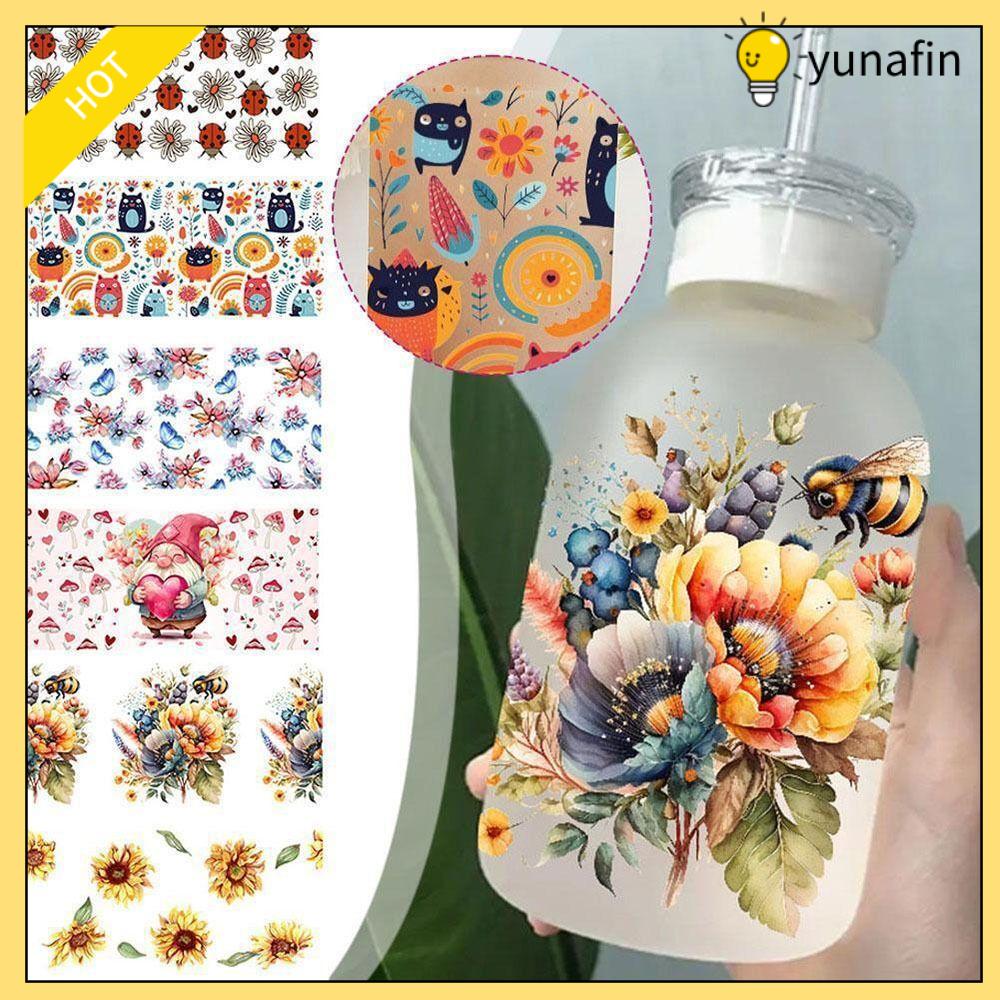 YUNAFIN Màu sắc rực rỡ Miếng dán chuyển UV dtf Bám dính mạnh Họa tiết hoa Miếng dán ly thủy tinh Đa chức năng Không thấm nước Nhãn dán chai nước