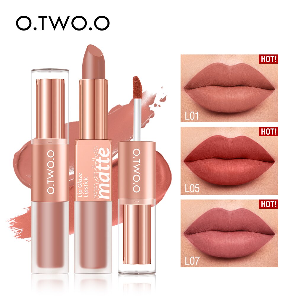 O.TWO.O Lipstick 12 Colors Lip Gloss 2 in 1 Lip Tint Waterproof Long -lasting Moisture Red Lip Matte Lipstick Make-up for Women