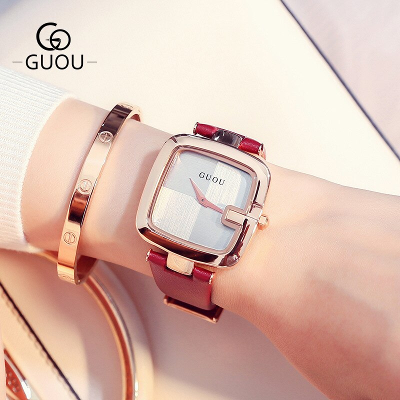 Guou đồng hồ mới thời trang nữ vuông dây da đồng hồ lady thương hiệu sang trọng phụ nữ pha lê đầm đồng hồ đeo tay thạch anh đồng hồ guou8190