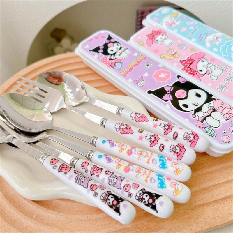 Sanrio Tableware Spoon Fork Set Kuromi Melody Cinnamoroll Stainless Steel Cutlery Two Piece Set Cute Girls Boys Gift ราคา 9 บาท*ส่งฟรี