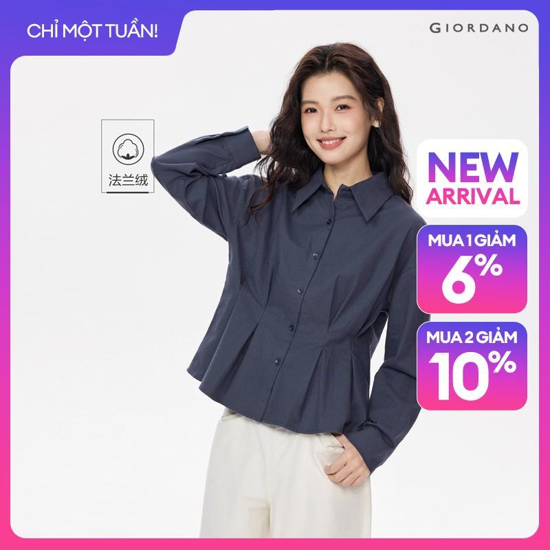GIORDANO Women Shirts Cotton Flannel Pleated Cinch Waist Shirts Long Sleeve Fashionable Casual Slim Shirts 13346857
