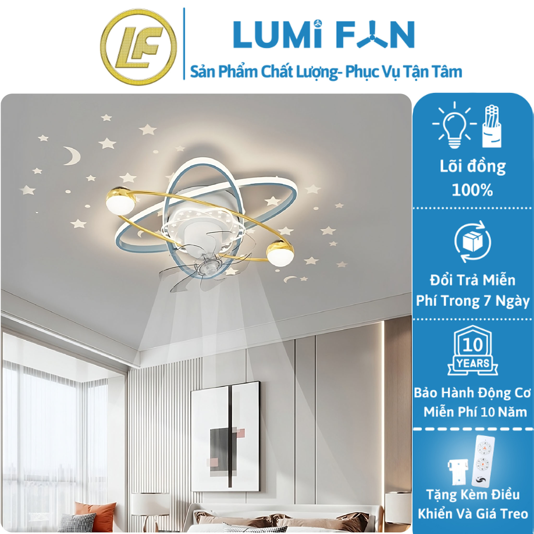 Quạt ốp đèn trần trang trí lumifan, sải cánh 50cm, quạt trần đèn decor, quạt trần trang trí, bảo hành 10 năm, mã 1080