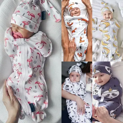 Cute Newborn Swaddle Blanket Baby Boy Girl Zipper Sleeping Bag Wrap Hat Cloth