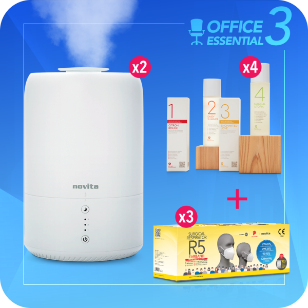 novita Office Essential Package 3 (Humidifier NH810 x 2 + Air Purifying Solution Concentrate x 4 + Surgical Respirator R5 Earband 100pcs in a box x 3) Singapore