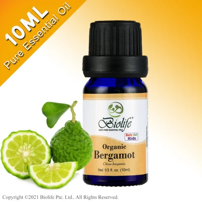 Biolife Organic Bergamot, 100% Pure Aromatherapy Natural Organic Essential Oil, 10ml Bottle, suitable use for Diffuser, Humidifier, Massage, Skin Care
