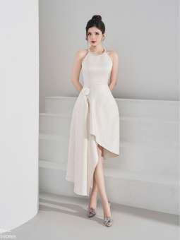 Váy cổ yếm tà sườn lệch xếp ly TIINSTORE V0D969