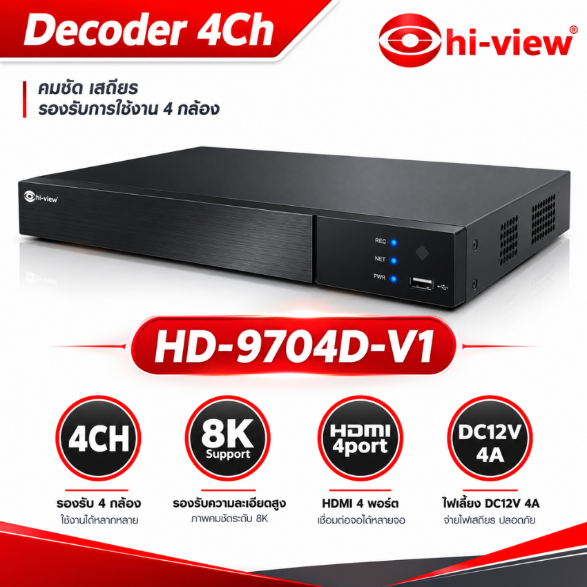กล้องถ่ายรูป กล้องดิจิตอล Hi-view Decoder เครื่องบันทึกวงจรปิด 4 ช่อง รองรับ 8K HDMI 4 พอร์ต รุ่น HD-9704D-V1 ราคา 42,590 บาท*ส่งฟรี