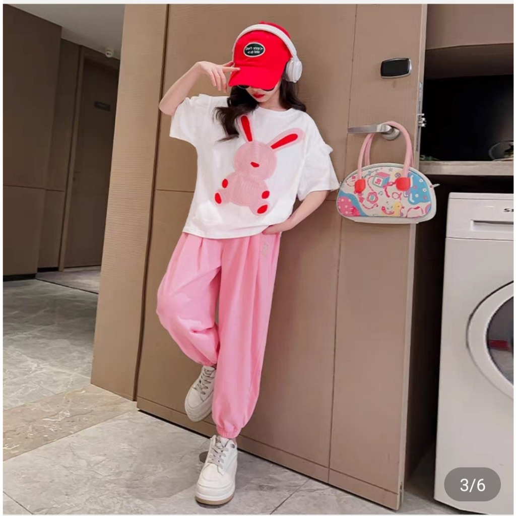 Đồ bộ bé gáii, set bộ áo cotton thỏ phối quần Jogger cho bé 10-30kg
