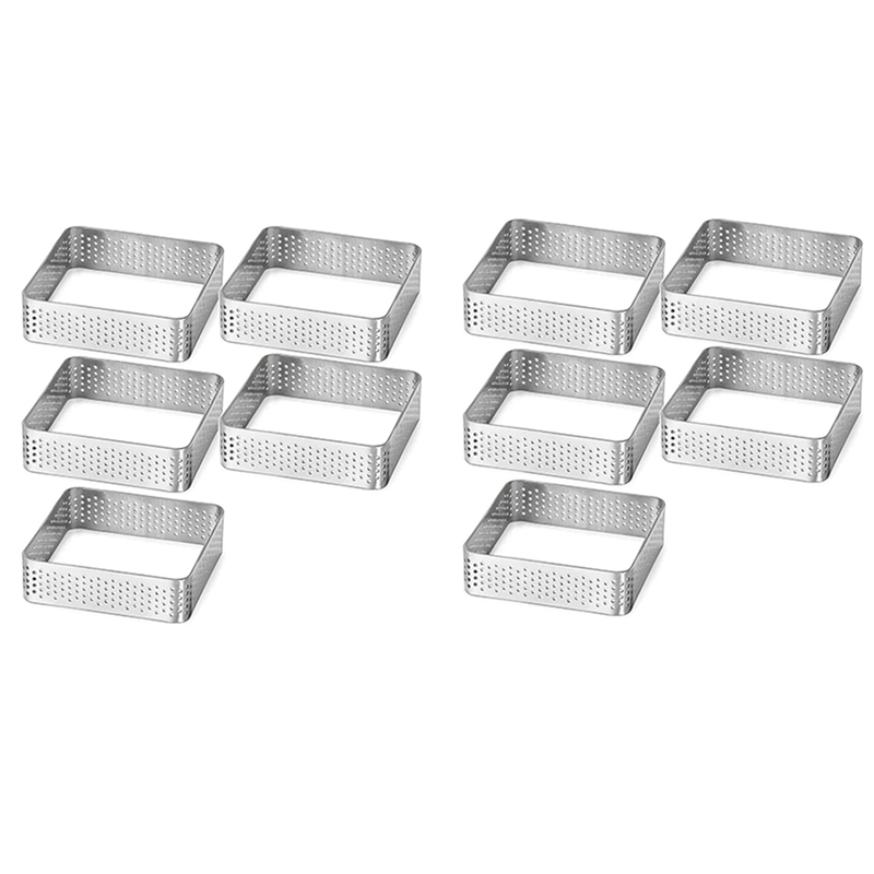 Perforated Tart Ring Stainless Steel Tartlet Square Shape Mould Cake Circle French Pastry Baking Tool, 10 Pack