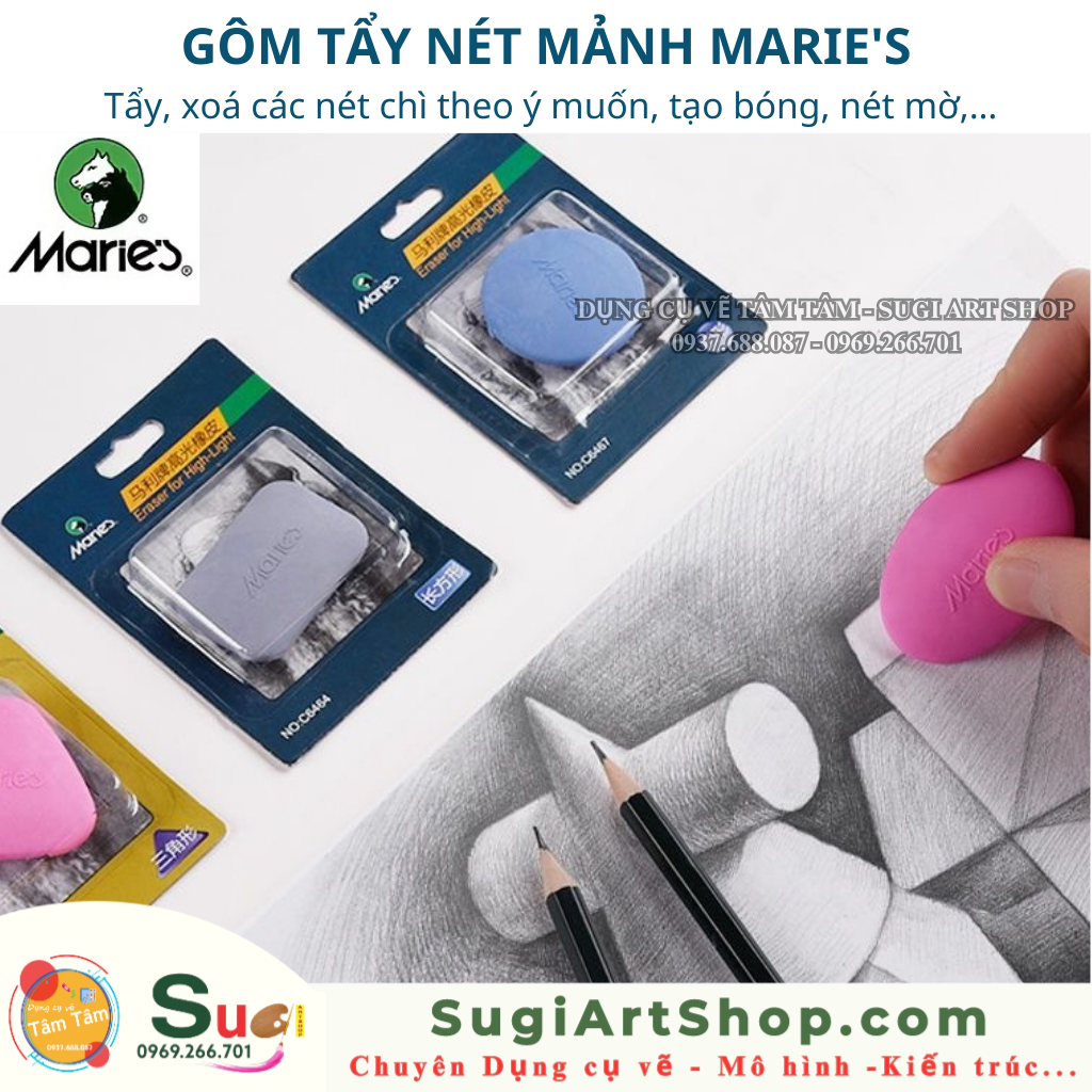 Gôm tẩy nét mảnh Marie's ( màu ngẫu nhiên ) , tẩy, xoá các nét chì theo ý muốn, tạo bóng, nét mờ,…