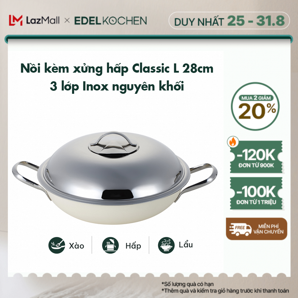 Nồi inox kèm xửng hấp 3 lớp nguyên khối Edelkochen Classic L Collection size 28cm – Màu Mid Ivory