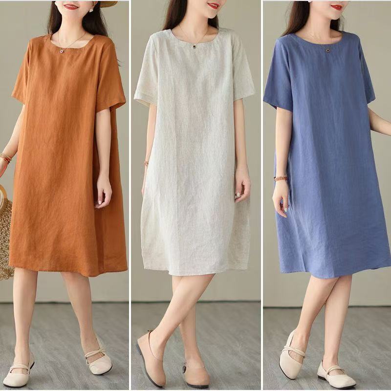 Đầm bầu cỡ lỡn phong cách Hàn Quốc cotton ngắn tay váy nữ bầu mùa hè đơn giản che rộng màu trơn bụng cổ tròn trung dài Đầm bầu bà bầu 