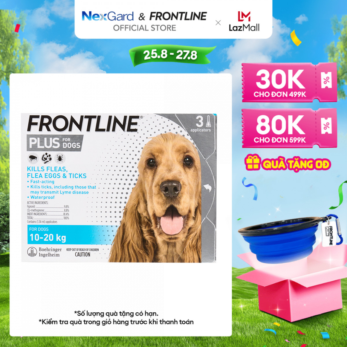 Frontline Plus - Tuýp nhỏ gáy phòng & trị ve, rận, bọ chét dành cho chó size M - 1 hộp 3 tuýp