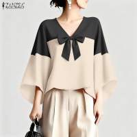 ZANZEA เสื้อเบลาส์คอวีแขน3/4สำหรับผู้หญิงเสื้อเบลาส์ผูกโบว์สีตัดกันสำหรับฤดูร้อนเสื้อผ้าใส่ประจำ # F