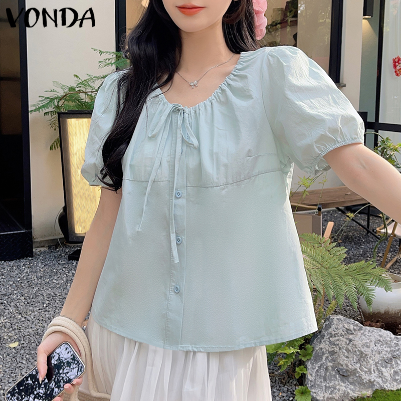 VONDA Womens Gentle Sweet Crew Neck Puff Sleeve A-Line Blouses French Style Lace Up Solid Pullover (Korean Floral)