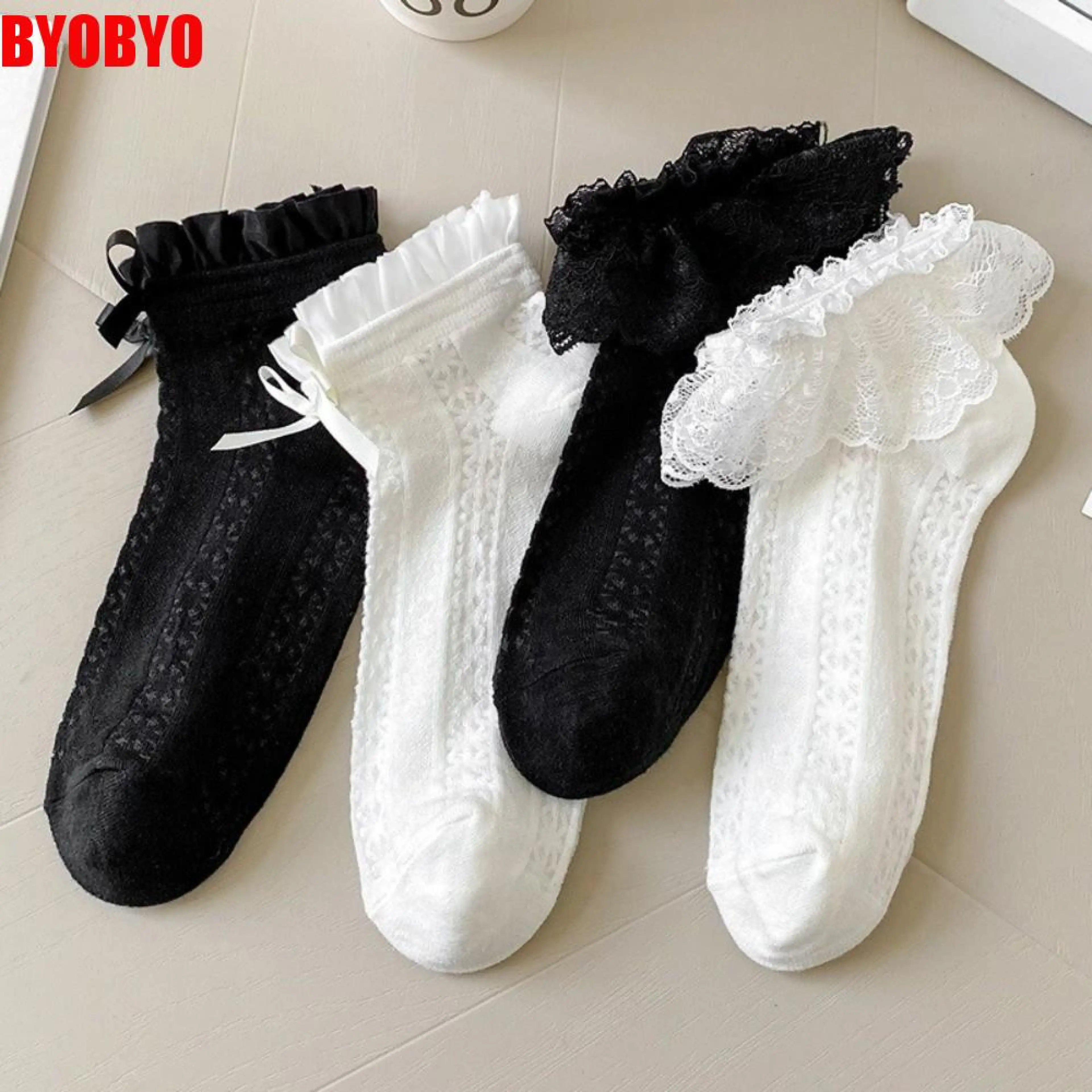 SADIE 1 pair ตาข่ายแบบโปร่ง ถุงเท้าสั้น ระบายอากาศได้ดี บาง ถุงเท้าลายโบว์เจ้าหญิง น่ารัก ดำขาว ถุงเท้าข้อสั้น ผู้หญิง สาวๆ
