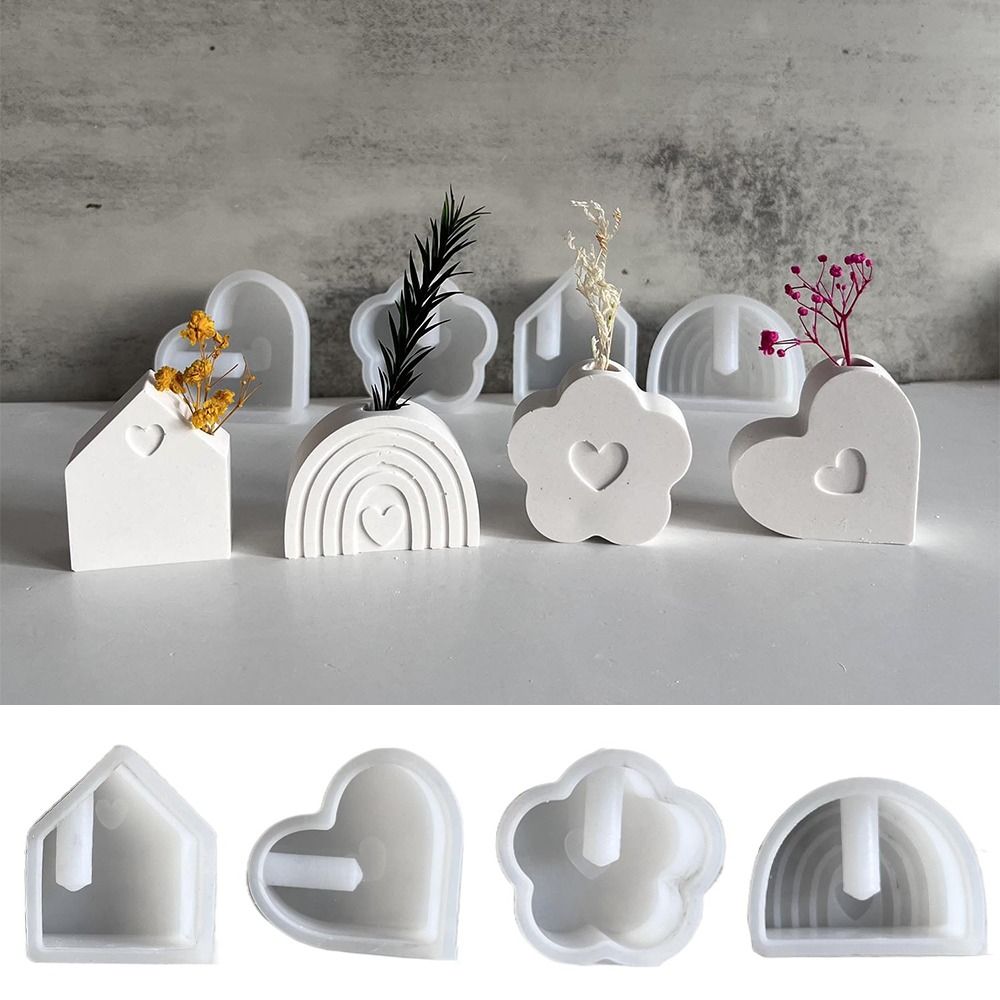 GONLUEZ Tự làm Khuôn Silicone Bình hoa Hình trái tim ngôi nhà cầu vồng 3D Khuôn thạch cao bình hoa Dễ thương Khuôn thả