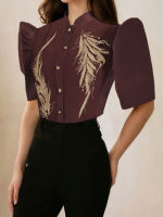 Amyenjoylife Modern Filipiniana Tops WomenS Stand-Up Shirt Blouses Women Semi Formal Puffy Sleeves Tops Elegant For Women Filipiniana Office Work【1-3 Day Delivery🚀】
